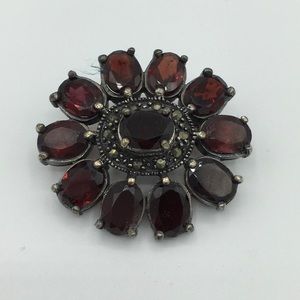 Vintage Sterling 925 Garnet and Marcasite Brooch Pin